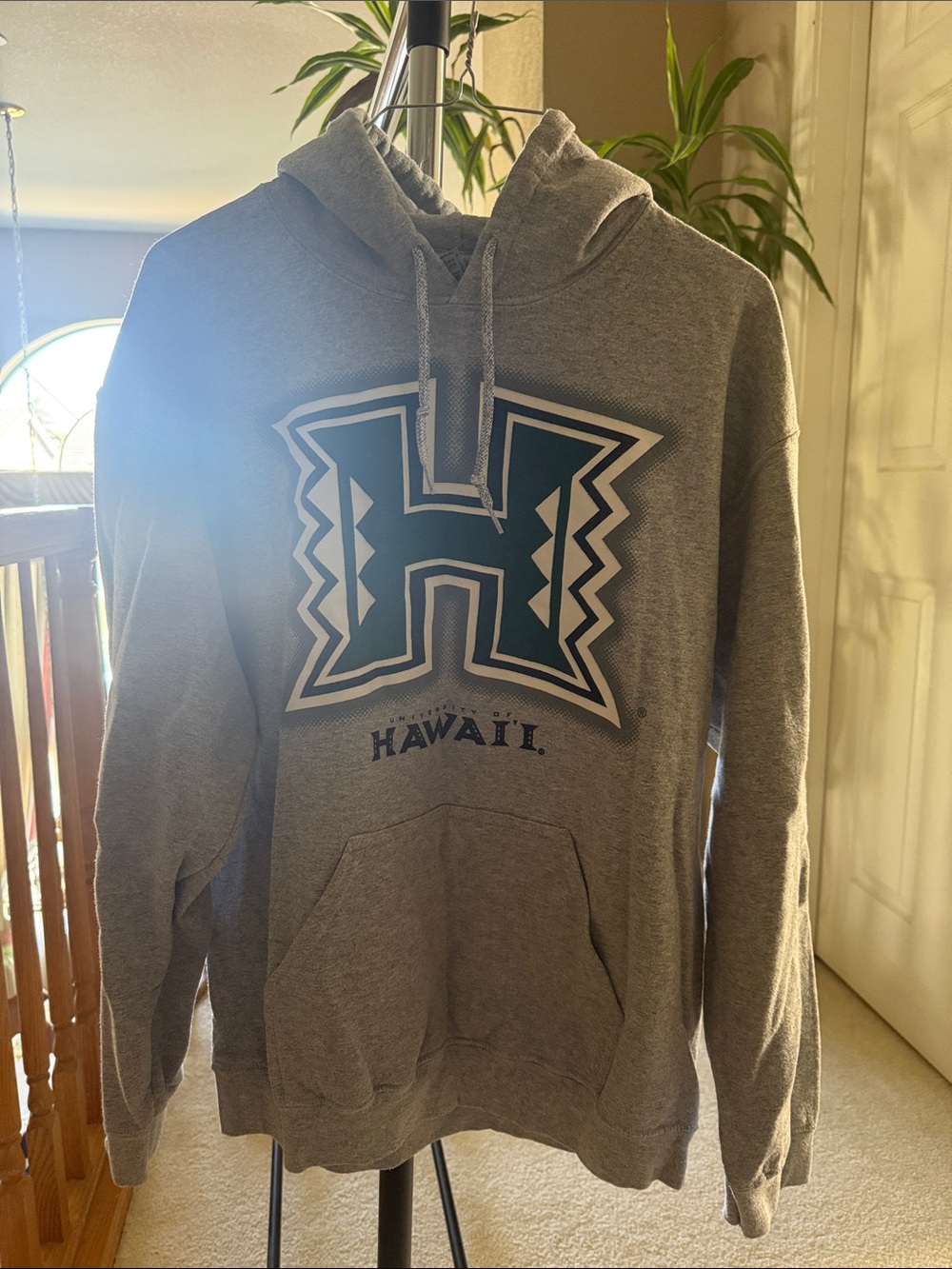 Gildan Grey Hoodie with Teal and White 'H' Hawaii Graphic